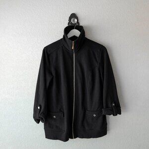 Karen Scott Size Small Black Jacket Full Zip Gold Hardware Roll Tab Sleeves